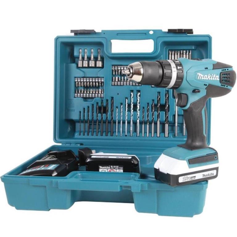 MAKITA 18V CORDLESS COMBI DRILL WITH 74 PIECE ACCESSORY SET - HP457DWE10